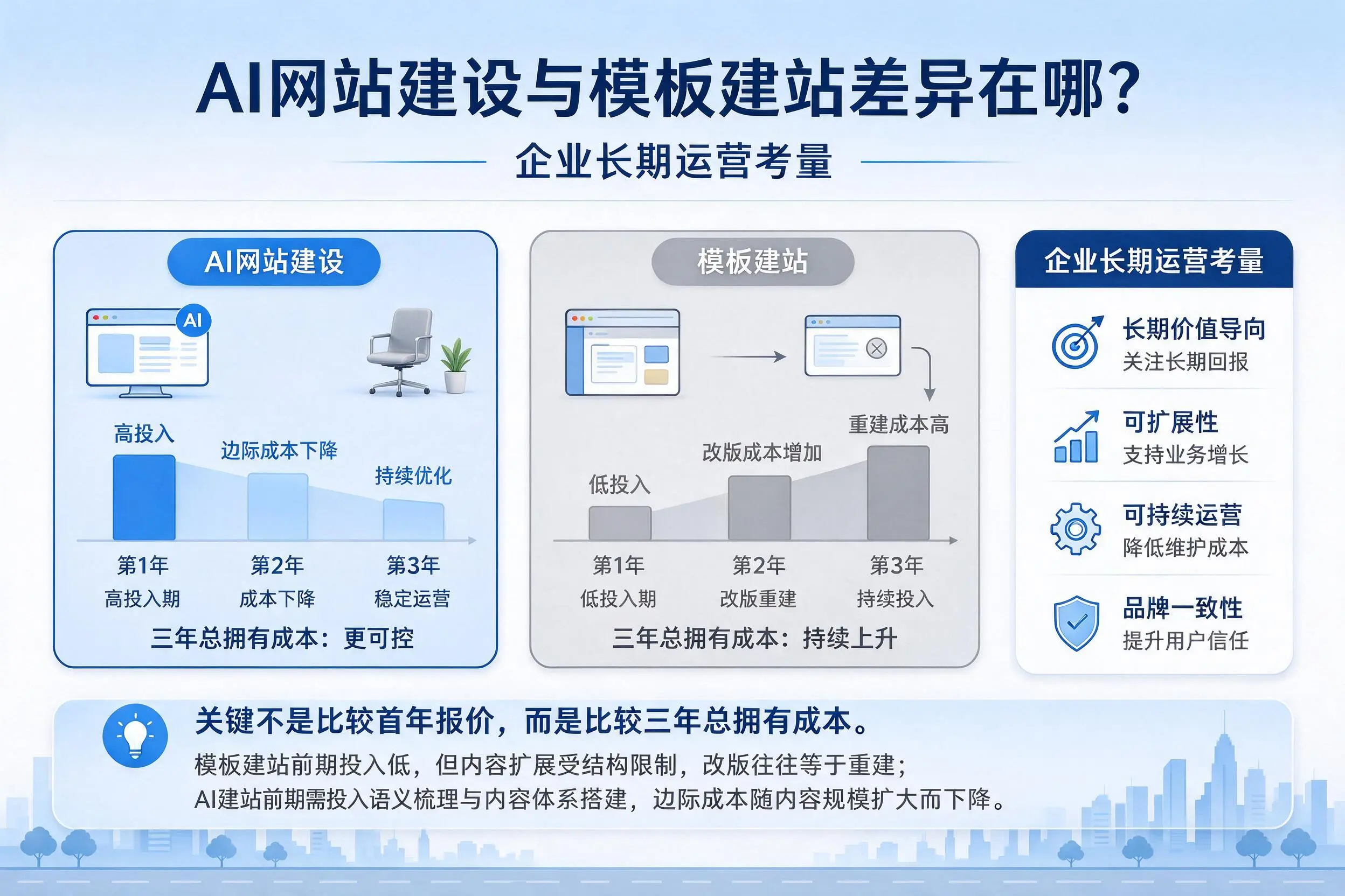 AI网站建设与模板建站差异在哪？铜陵企业长期运营考量